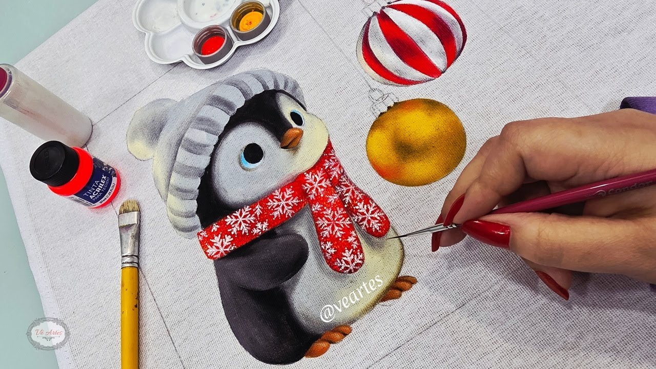NATAL EM CORES - APRENDA A PINTAR UM FOFO PINGUIM DE NATAL - AULA 1 - PINTURA EM TECIDO