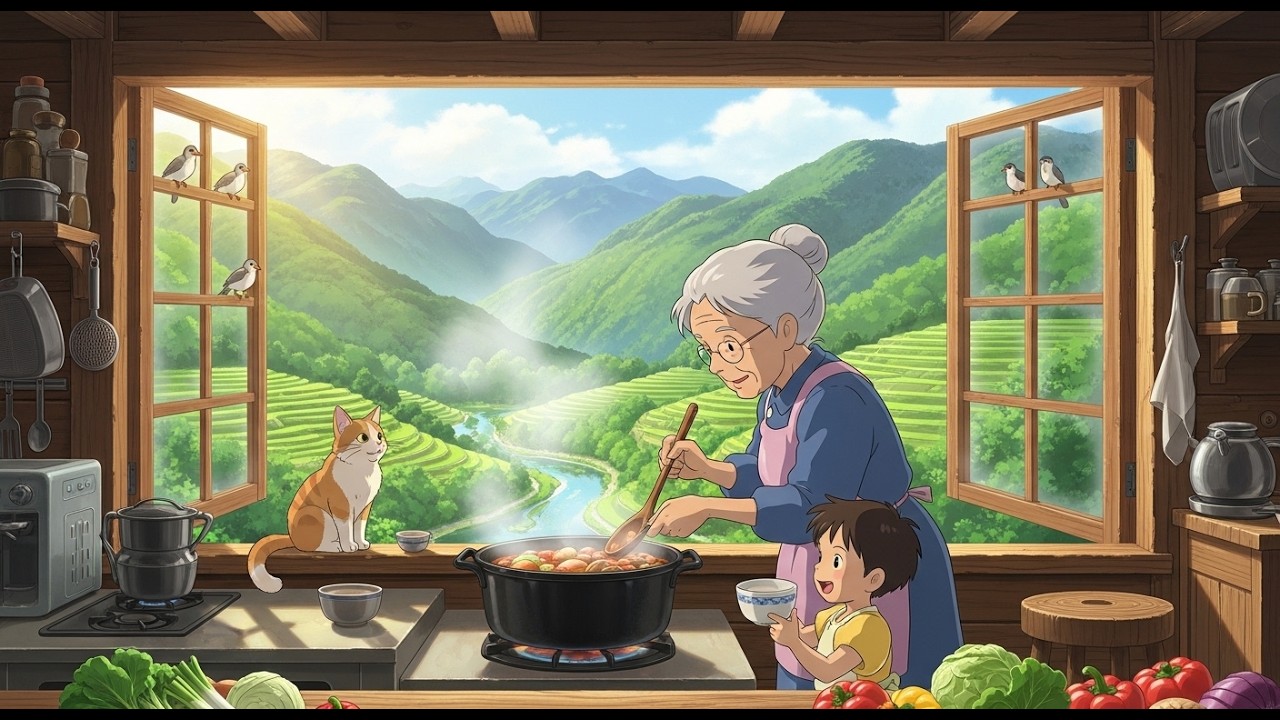 Cozy Village Life 🍃 Grandma's Kitchen & Nature Sounds | Studio Ghibli Style Ambience [ASMR] [4K]