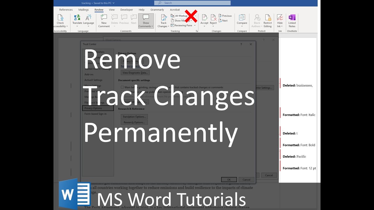 Отключить повторное отображение изменений в MS Word