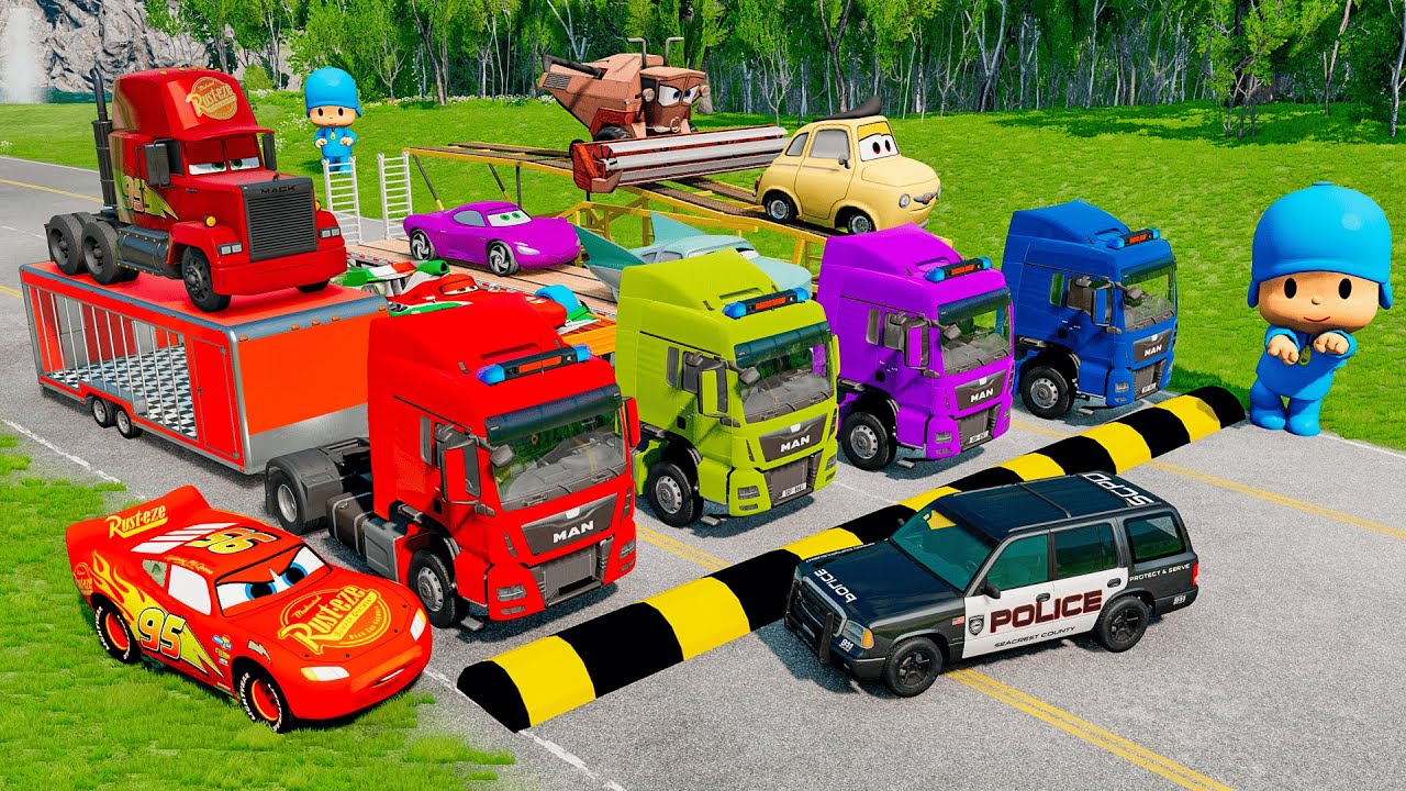 Flatbed Truck McQueen | Transportation with Truck - Pothole vs Car #16 | BeamNG.Drive Gameplay