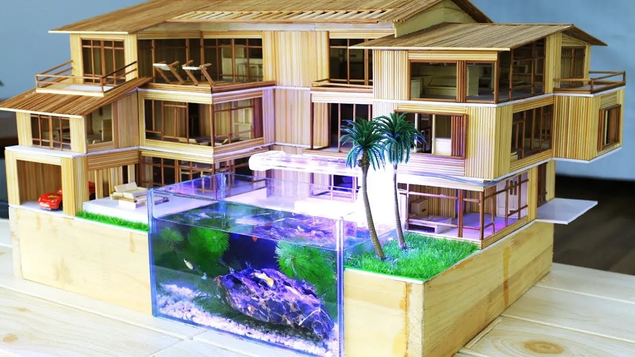 Làm biệt thự tăm tre gắn bể thuỷ sinh