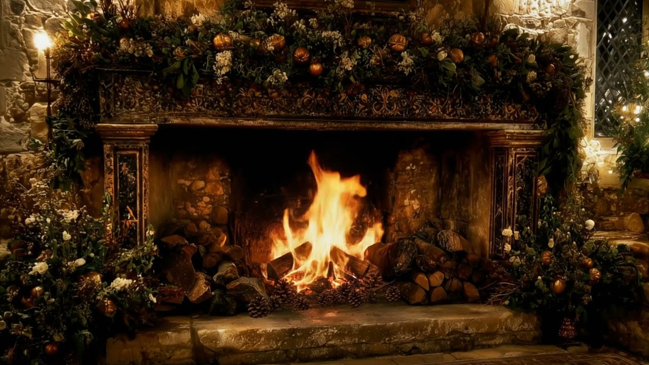 Yule Fireplace  | Rustic Winter Solstice Evergreens, Crackling Fire & Winter Wind | Cosy & Calming