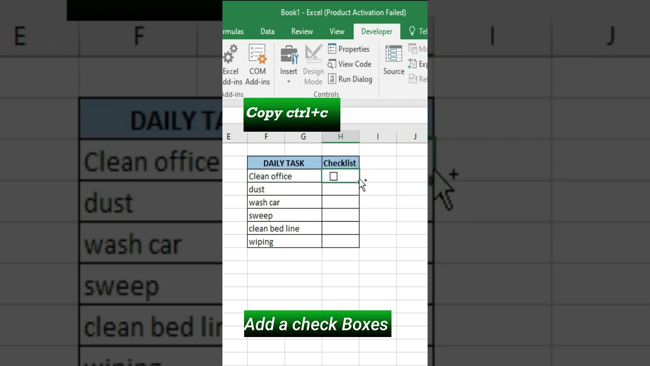 how to add check boxes in excel