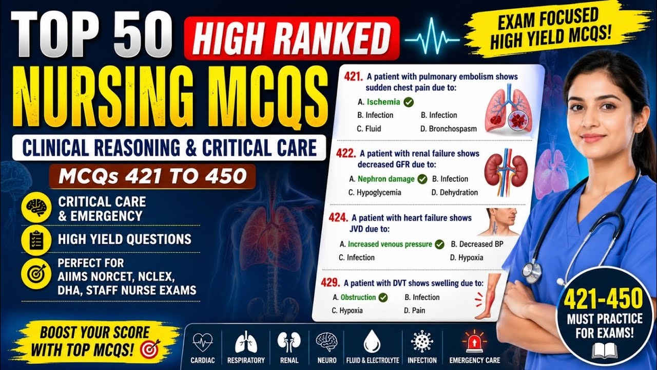 Top 50 High Ranked Nursing MCQs | ICU, Emergency & Medical Surgical Nursing mcqs