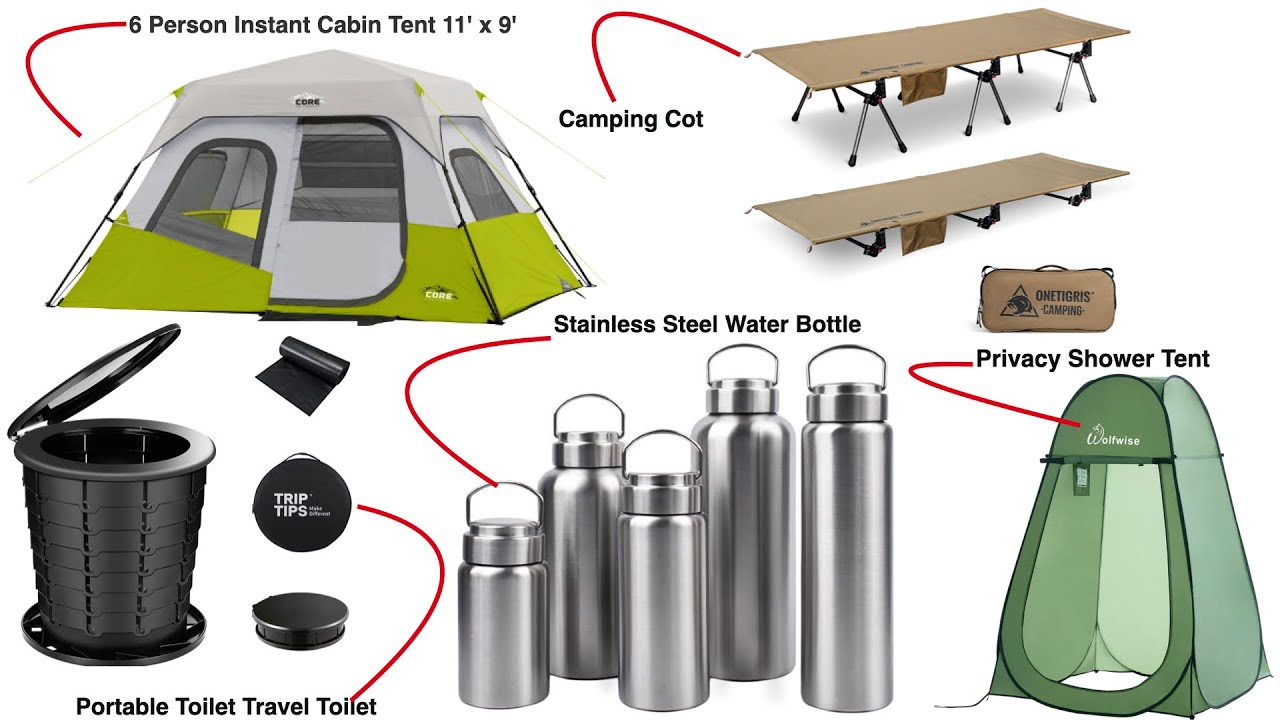 Camping | Cabin Tent | Cot | Steel Water Bottle | Privacy Tent | Portable Toilet | Stake | Hiking