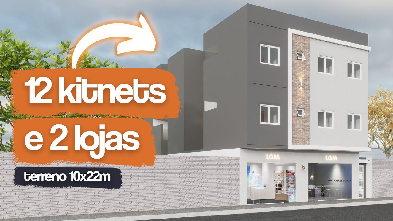 12 Kitnets e 2 Lojas em Terreno de 10x25m: Projeto para Aluguel Comercial e Residencial