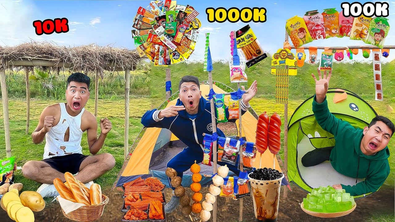 Gấu Đỏ TV Thử Thách Cắm Trại Theo Đồ Ăn Vặt Cổng Trường - Cắm Trại Ít Tiền Với Cắm Trại Nhiều Tiền