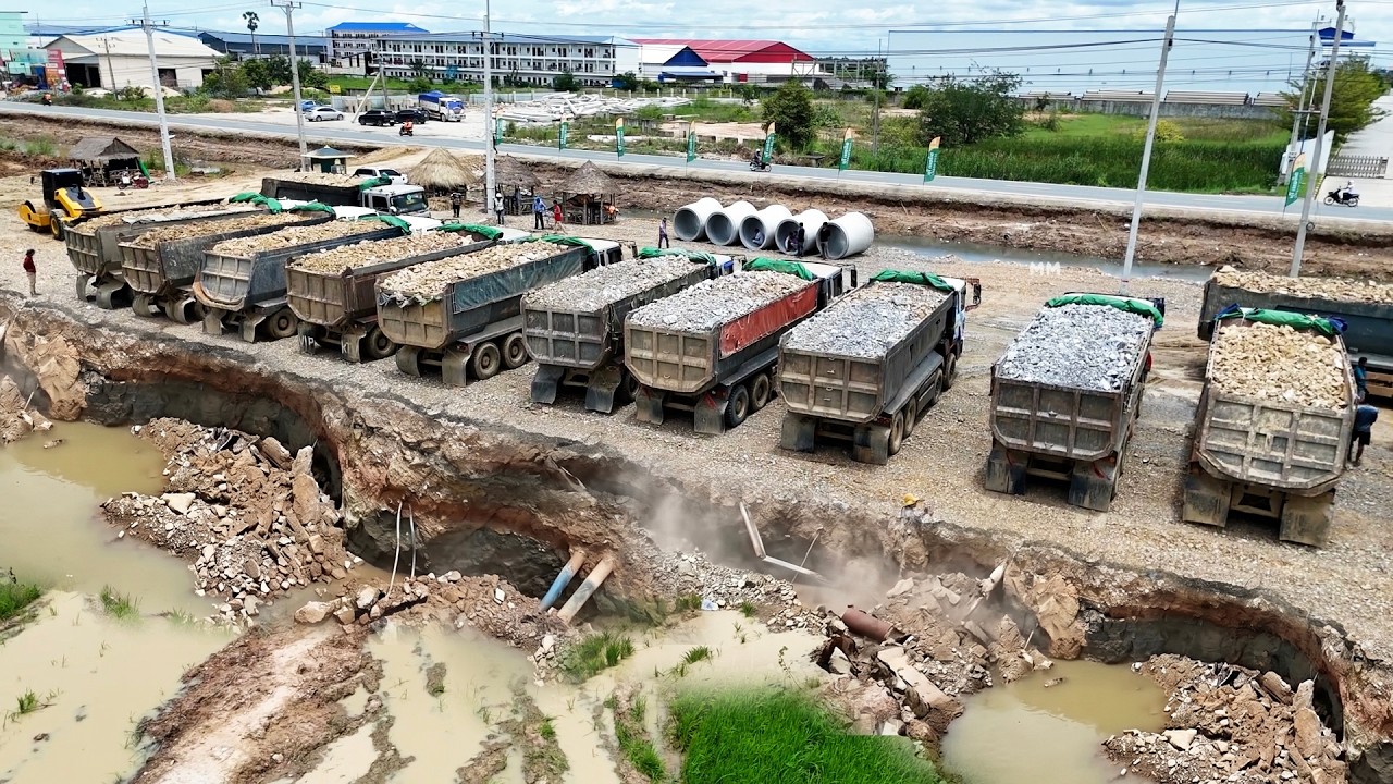 Greatest Construction Heavy Equipment Working Land Filling Operation- Bulldozer Push Soil & stone