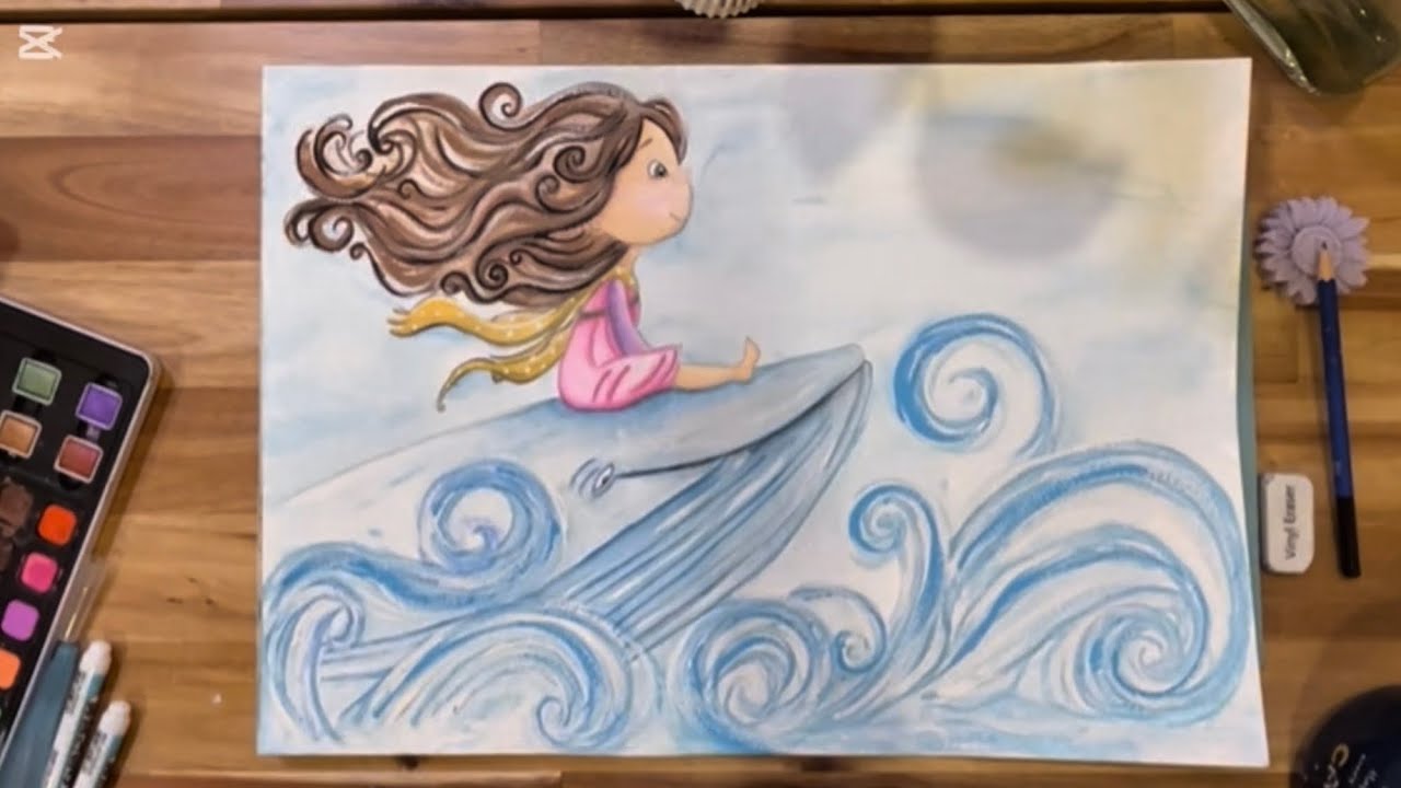 Watercolor Time Lapse: Painting a Girl Riding a Whale in the Waves