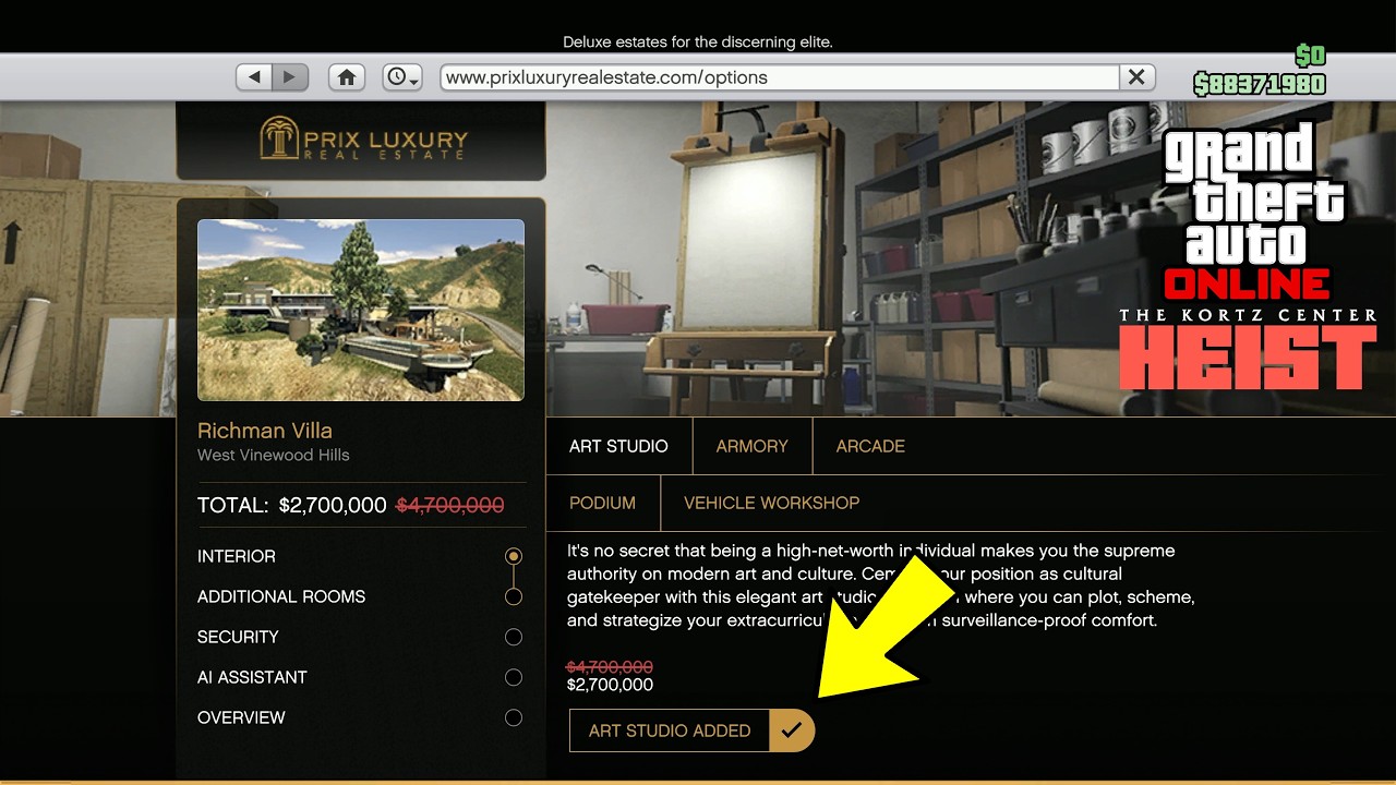 GTA 5 &mdash; Покупаю НОВОЕ улучшение особняка &laquo;АРТ-СТУДИЯ&raquo; за $4 700 000! (DLC с ограблением Kortz Cen...