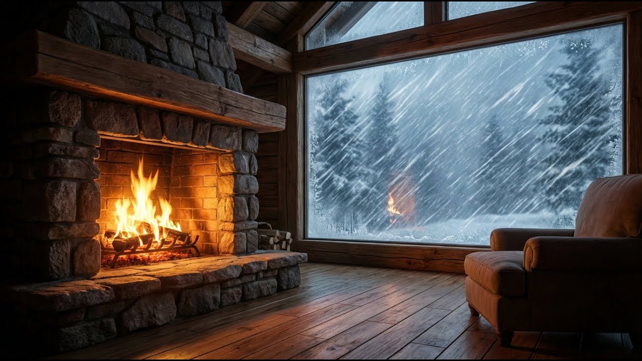 Snowstorm White Noise for Deep Sleep 🌨️ Warm Cabin Fireplace (3 HOURS)