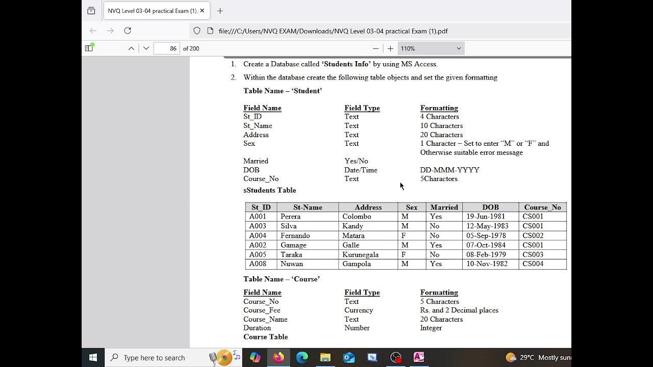 Microsoft Access Table and Query Practical Sheet
