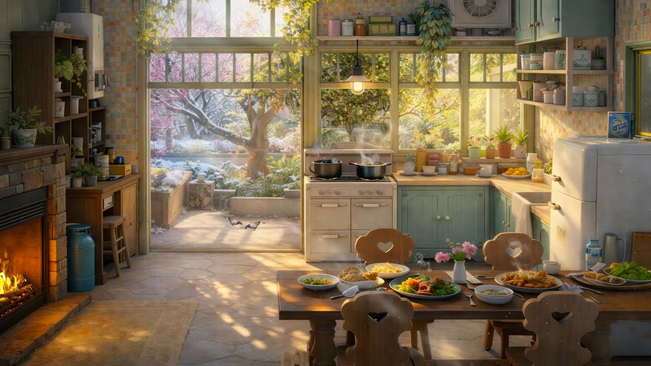 Spring Cozy Kitchen Ambience 🌸 Morning Light, Fireplace & Birds | ASMR