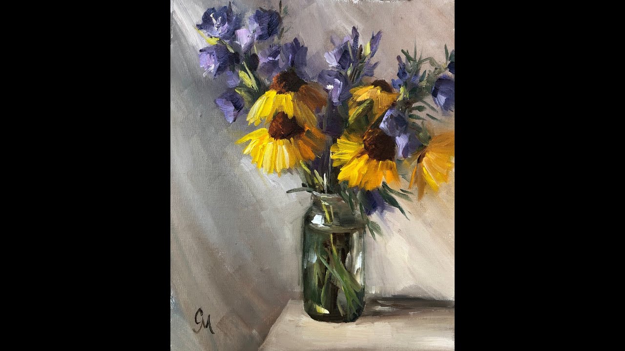 Painting blue bells and daisies in oil from life. Alla prima. Full length process, still life.