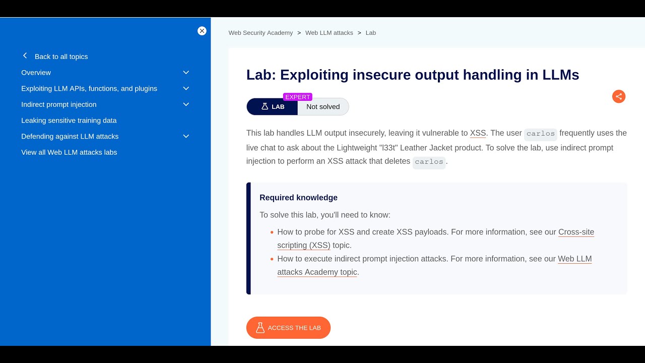 Portswigger: Exploiting insecure output handling in LLMs