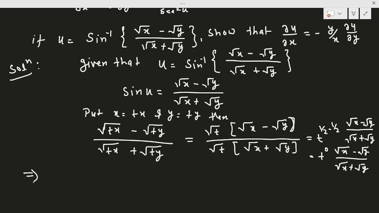 If u=sin-1(√x-√y)/(√x+√y) then show that ∂u/∂x =- y/x*∂u/∂y