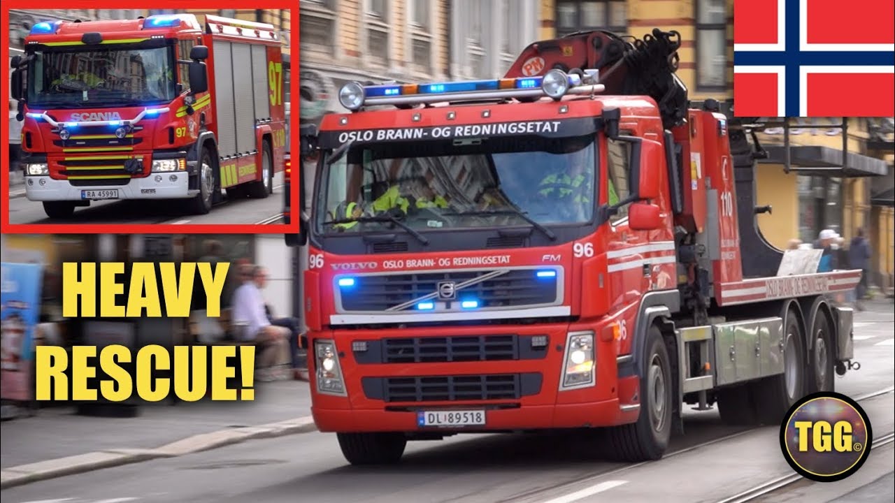 [Norway] Oslo Heavy Rescue Trucks Responding Lights, Siren & Airhorn!