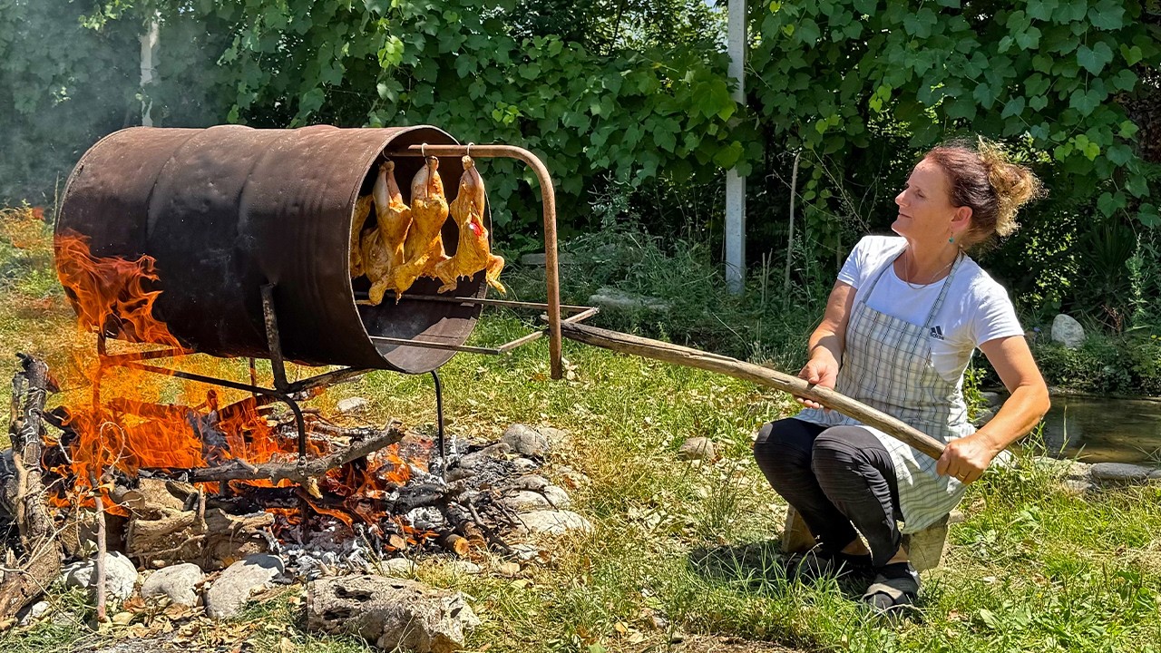 Cooking Meat in a Barrel 🐔🔥 – The Secret Village Method! 🇦🇱