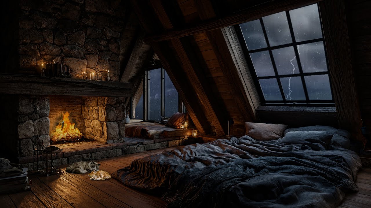Fireplace & Rain Sounds in a Wooden Cabin - Nighttime Thunderstorm Ambience for Sleeping