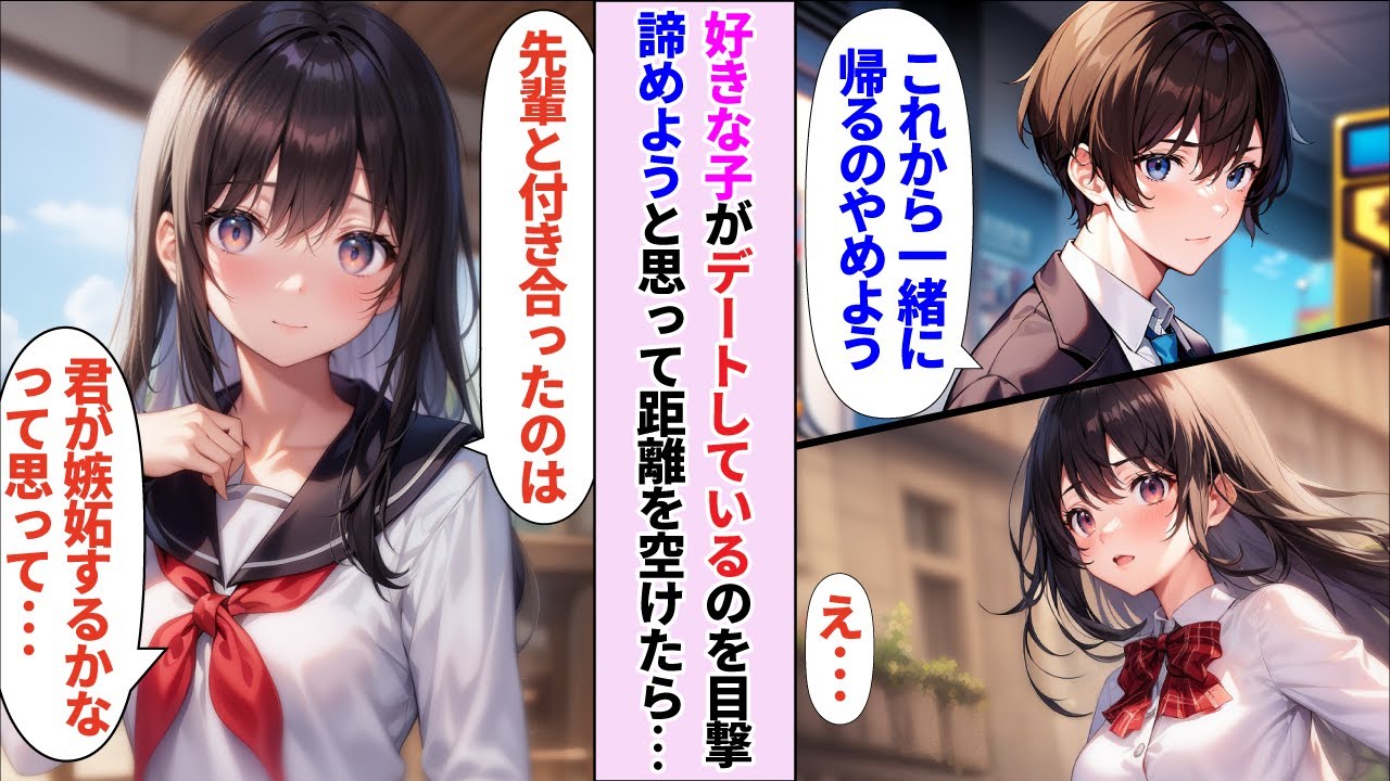 【漫画】7年片想いしている幼馴染が学校一イケメンの先輩とデートしているのを目撃してしまい、諦めようとしたが...【AI恋愛漫画💘うさみみちゃん】【恋愛マンガ】