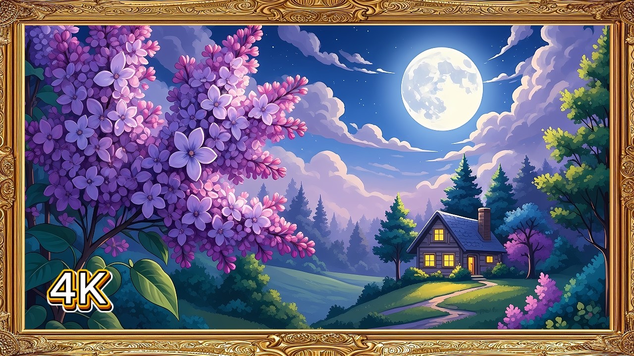 Moonlit Cottage in Bloom 🌕🌸 | 4K TV Frame Art Display | Relaxing Night Wall Art