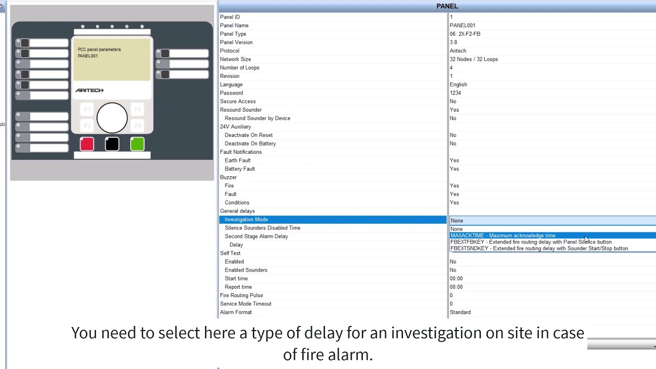Panel Parameter Options on a 2X Aritech Control Panel