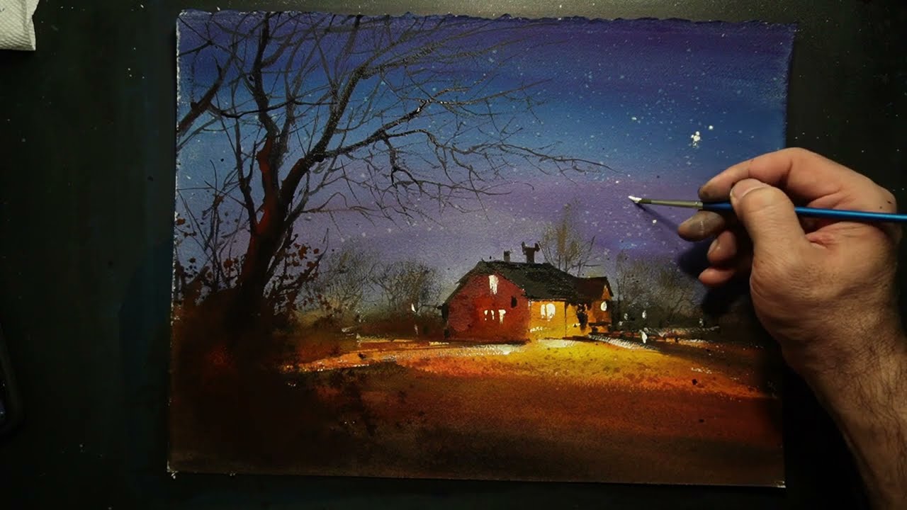 How to paint urban space at night in watercolor painting