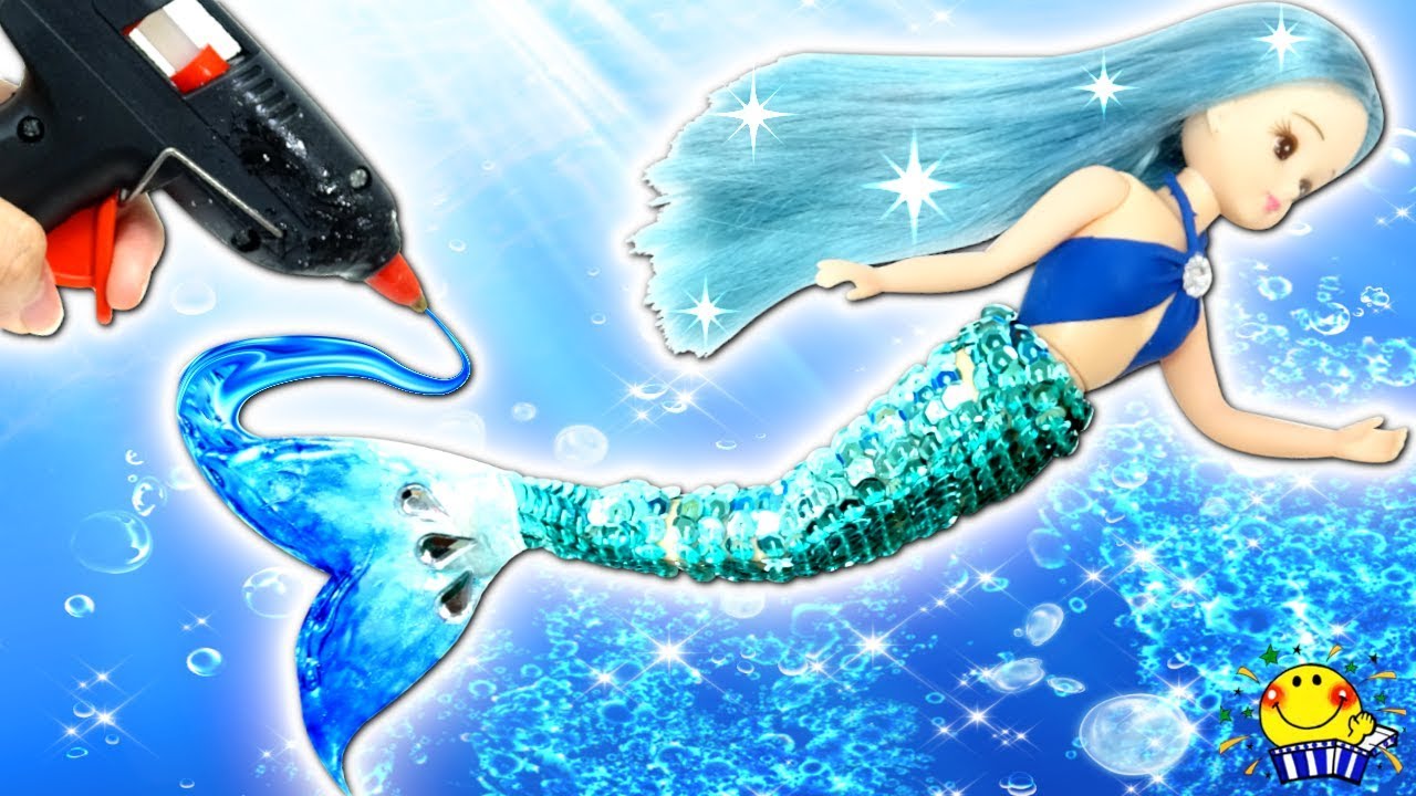 リカちゃんがグルーガンで人魚に大変身❤︎ スパンコールと風船でキラキラ水着を作ろう
