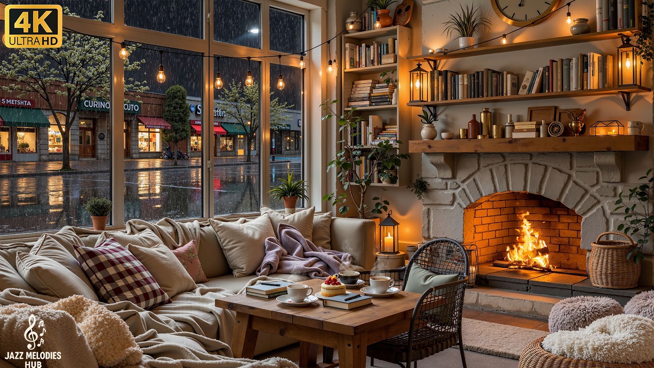 Rainy Coffee Shop Evening ☔ Instrumental Jazz Piano & Fire Sounds for Book Time, Tea & Calm Thoughts