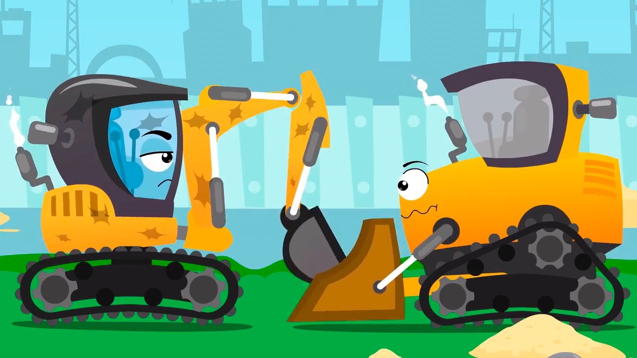 Yellow Bulldozer And Excavator Play At The Construction Site - Cars Stories Cartoons For Kids