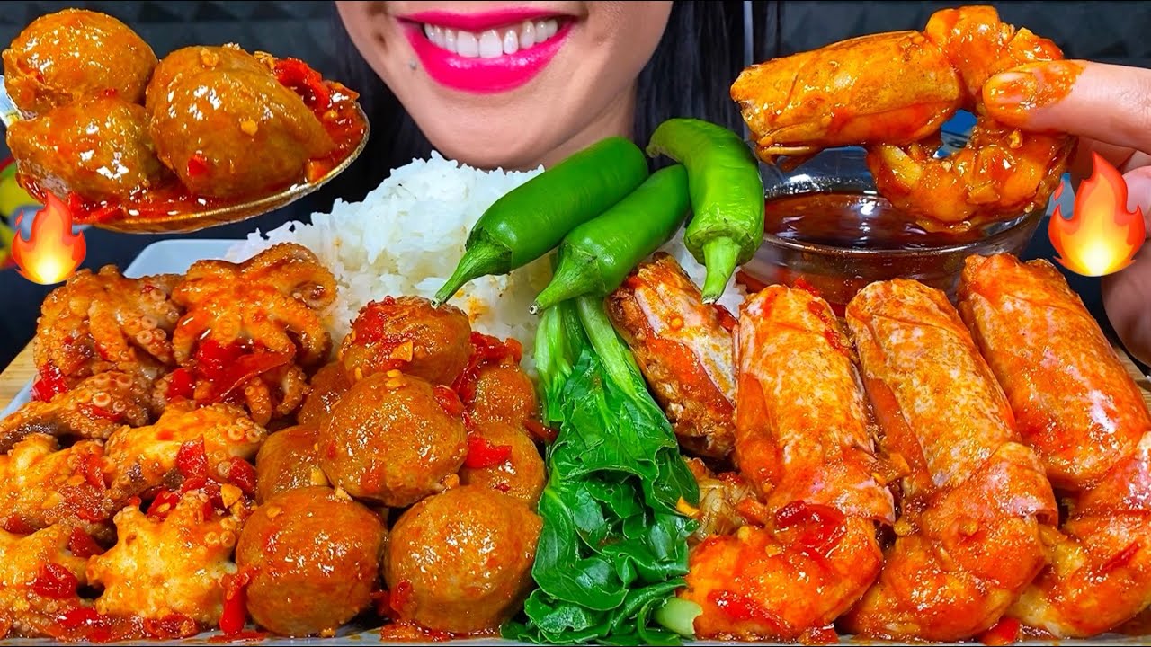 ASMR SPICY PRAWN, OCTOPUS, MEATBALL, BOK CHOY, CHILI, RICE MUKBANG MASSIVE Eating Sounds