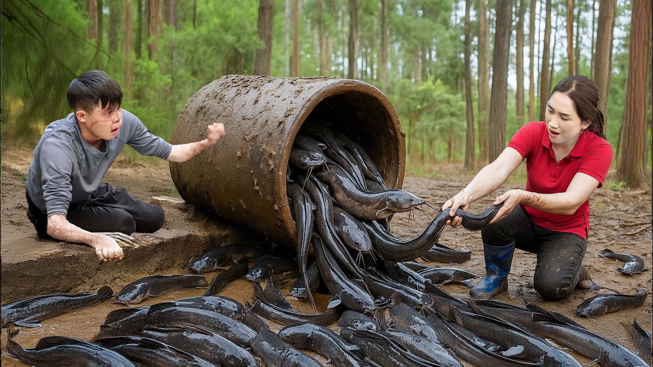 Unbelievable Catch! Harvesting Hundreds of Hybrid Catfish from Muddy Swamp | Wild Grilled Feast