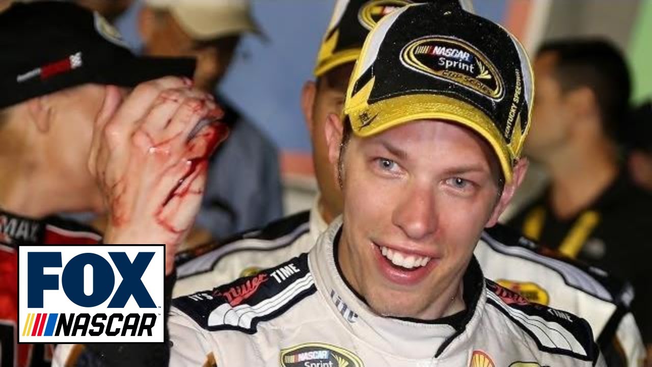 Brad Keselowski Cuts Hand on Champagne Bottle in Victory Lane - Kentucky - 2014 NASCAR Sprint Cup