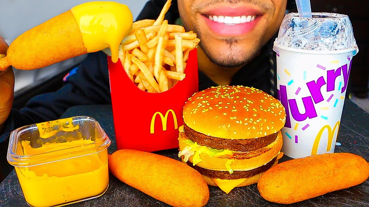 ASMR MCDONALDS CORN DOGS BIG MAC OREO MCFLURRY FRIES WITH CHEESE SAUCE MUKBANG EATING SHOW