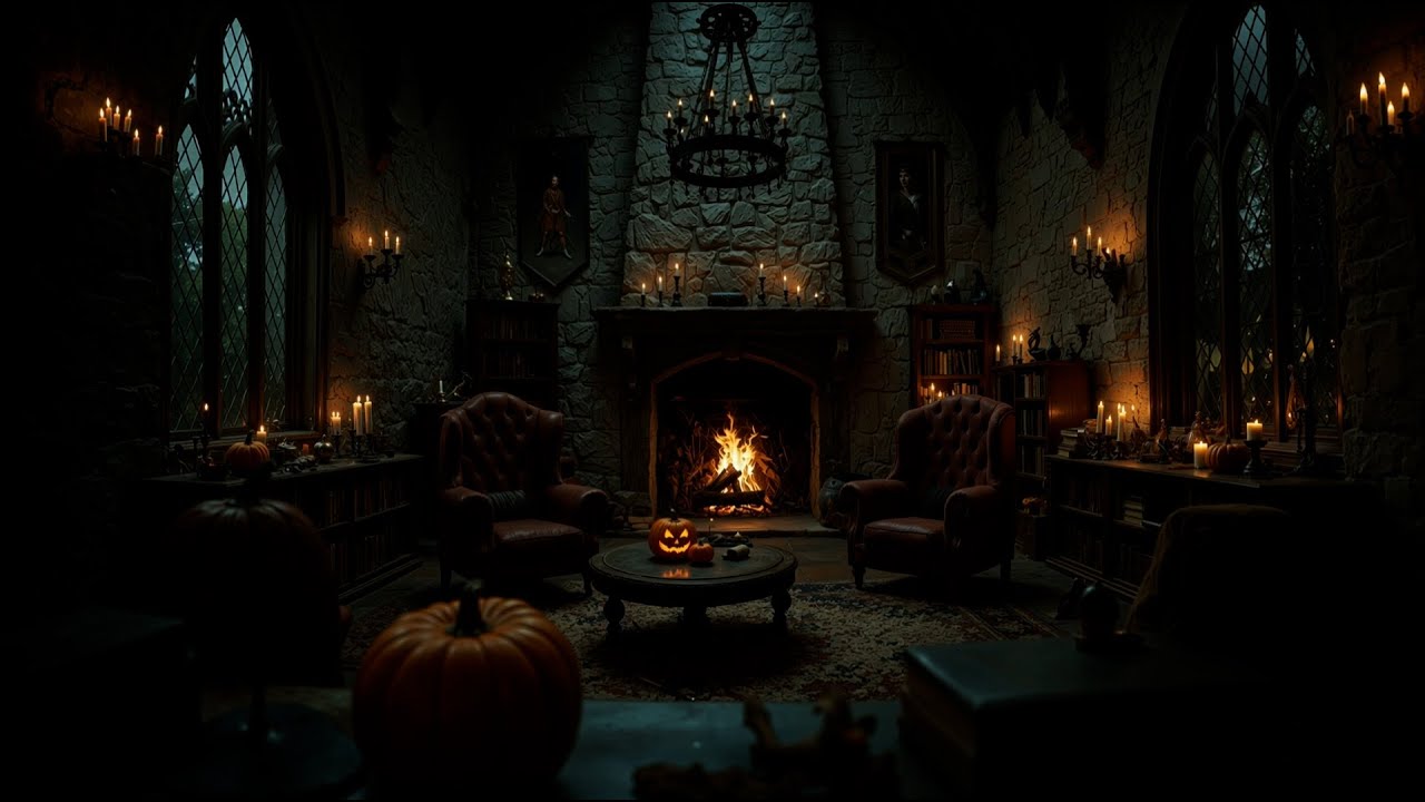 Cursed Wizard’s Chamber — Halloween Rain, Crackling Fireplace & Distant Thunder (Haunted Ambience)