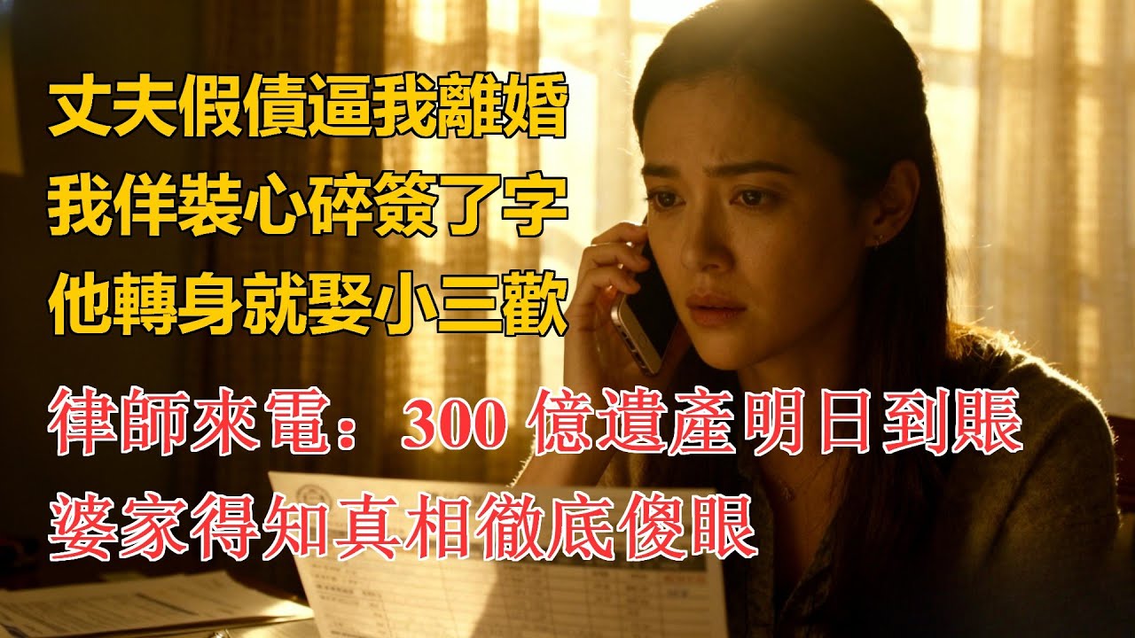 丈夫假債逼我離婚，我佯裝心碎簽了字，他轉身就娶小三歡，律師來電：300 億遺產明日到賬，婆家得知真相徹底傻眼
