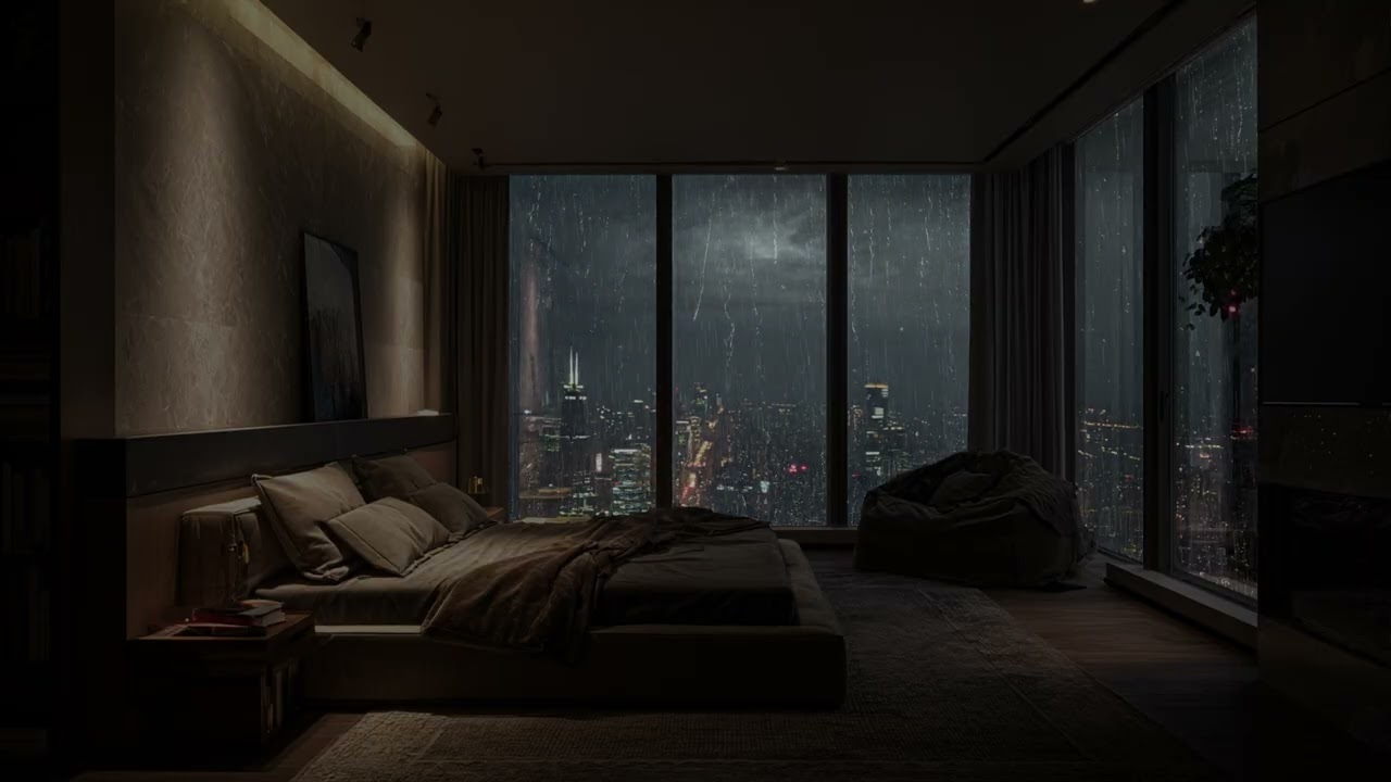 Midnight City Rain Falling Beneath A High Rise Bedroom Overlooking Neon Skyline