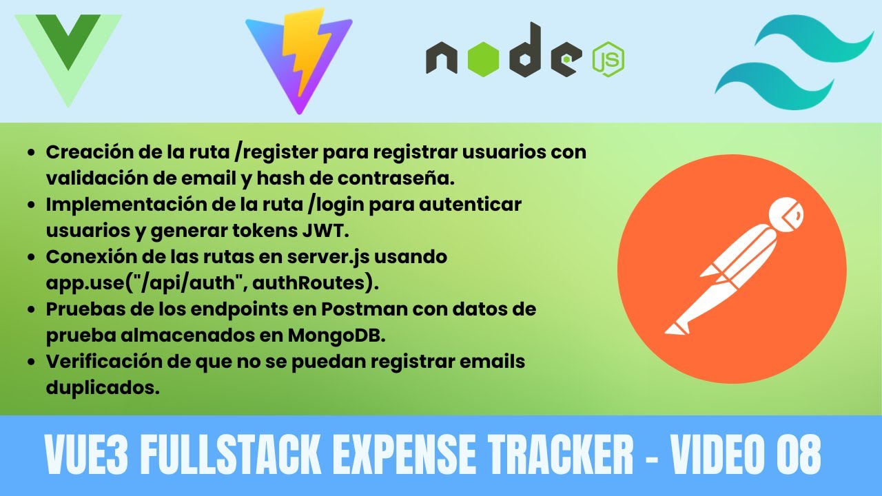 EXPENSE TRACKER EN VUE 3: 🚀 Cómo crear rutas de registro y login en Node.js 🔑🌐│[Video 08]