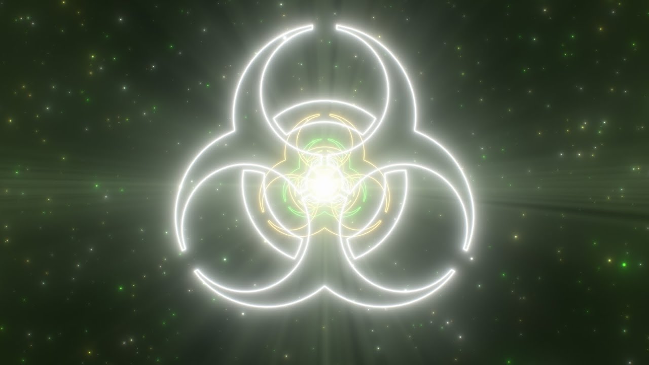 Dangerous Biohazard Symbol Shape Outline Glowing Neon Lights Tunnel 4K Moving Wallpaper Background
