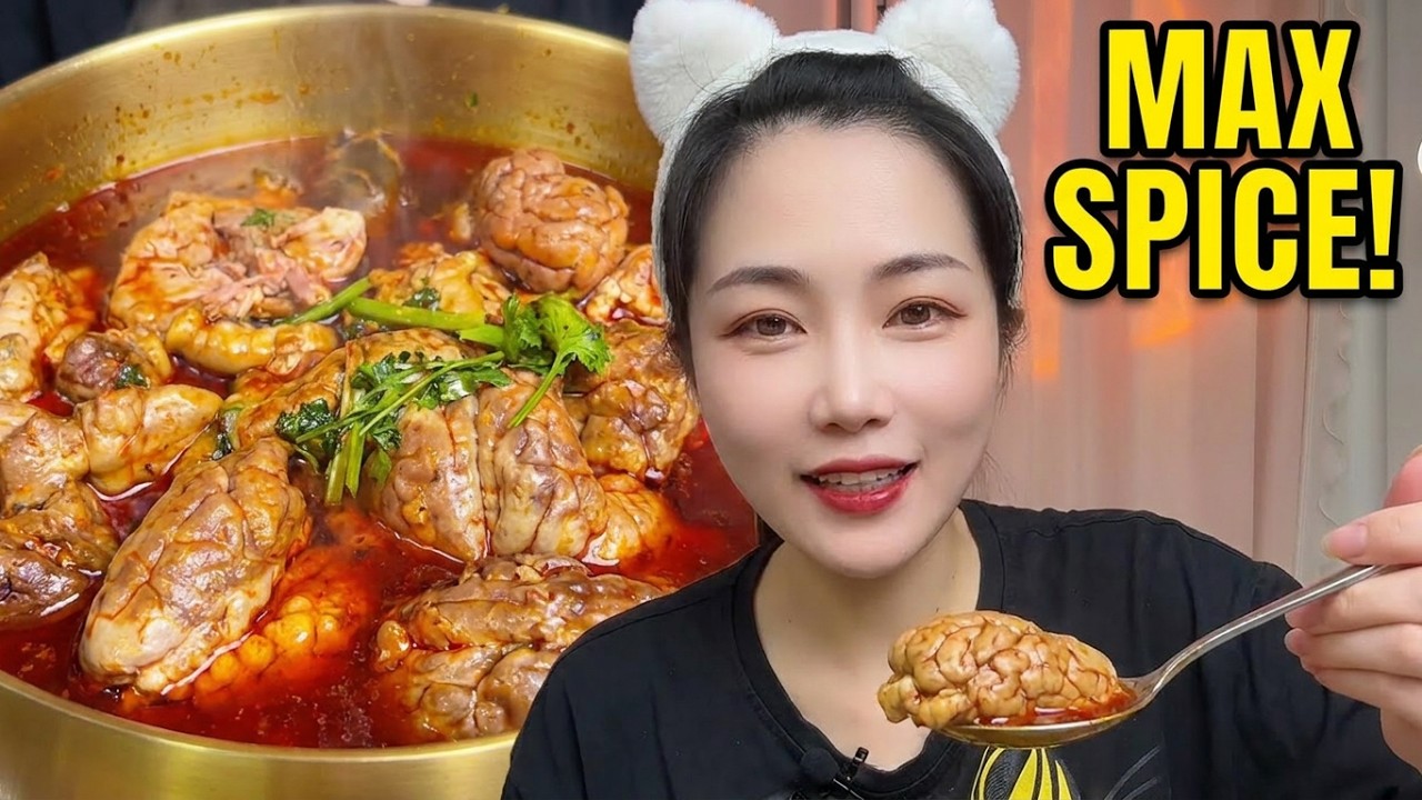 Eating delicious spicy pork brain 