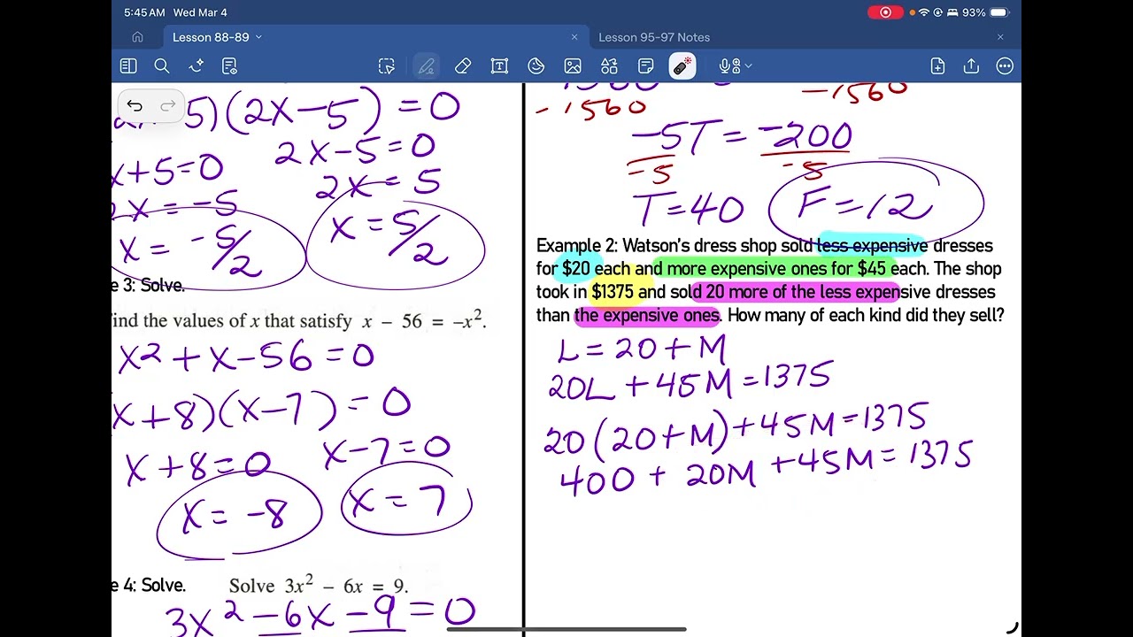 Saxon Algebra 1 Lesson 88 89 90 91