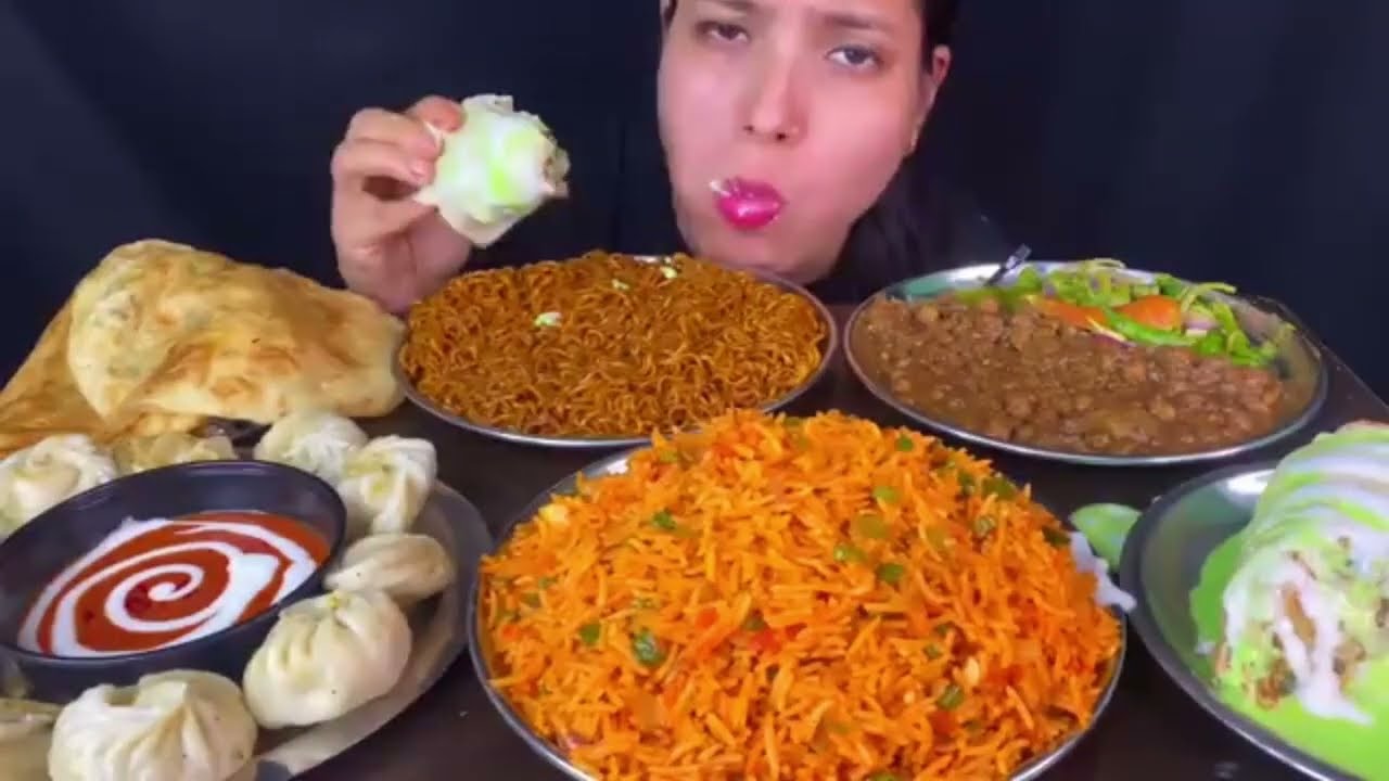 ASMR Eating CHICKEN BIRYANI MOMOS NOODLES FRIES | FAST FOOD ASMR