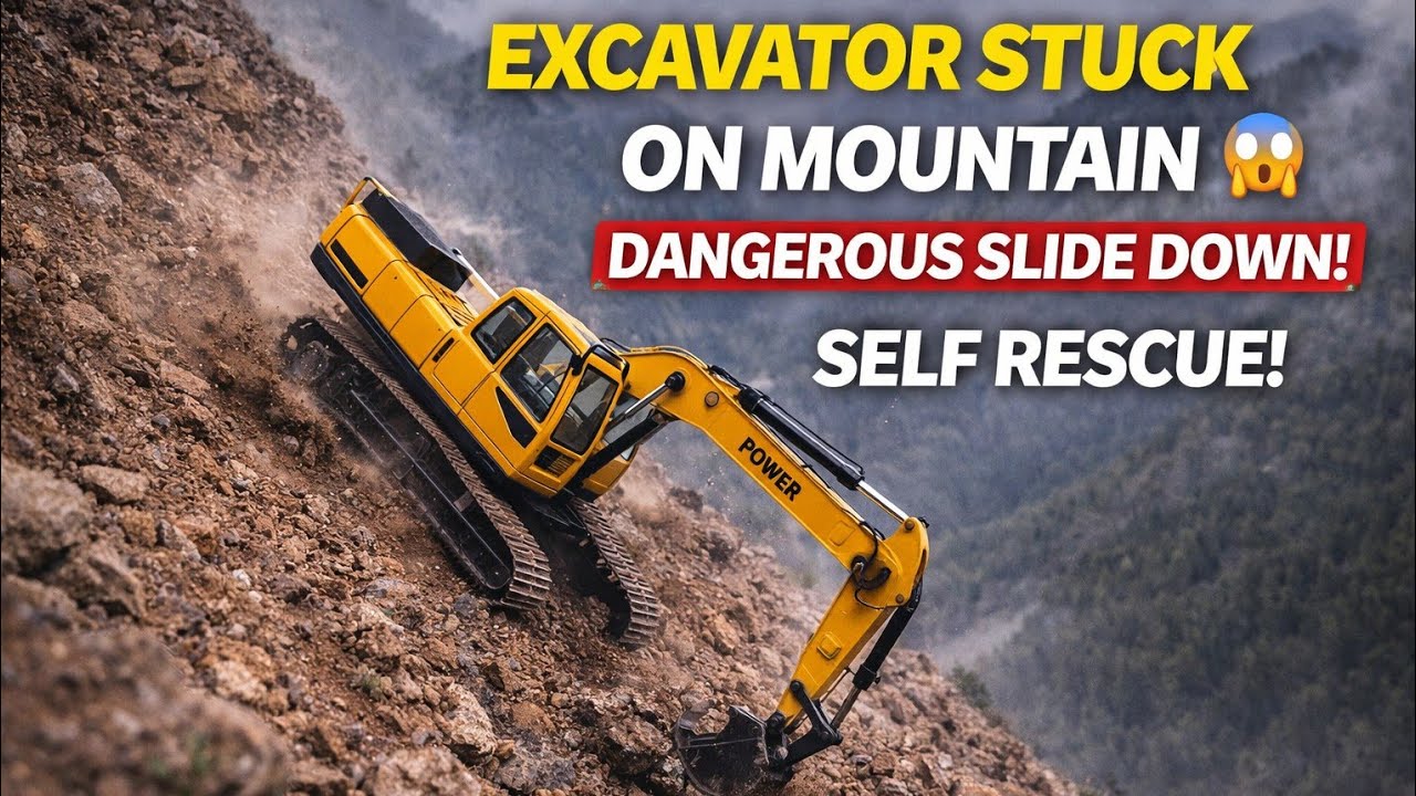 Excavator Stuck on Mountain 😱 | Dangerous Slide Down!
