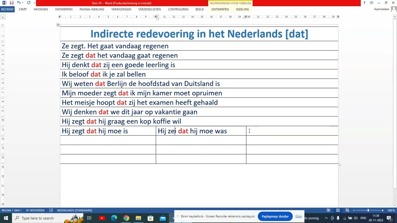 Ders 55. Hollandacada Dolaylı Anlatım ve 'Dat' Bağlacı. Indirecte Redevoering en Bijzinnen met 'dat'