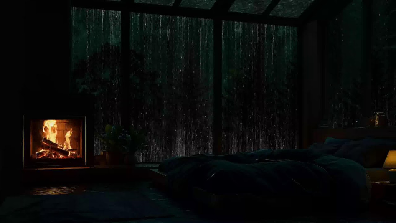 Soft Rain Outside, Cozy Fireplace Ambience Inside | Sleep Ambience