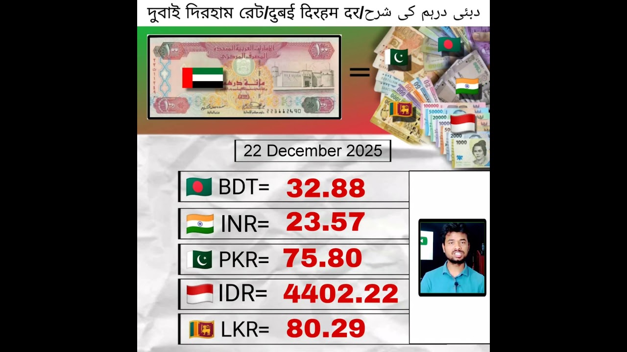Dubai Dirham rates Bangladesh/India/Pakistan/Indonesia/Sri Lanka, 22 February 2025