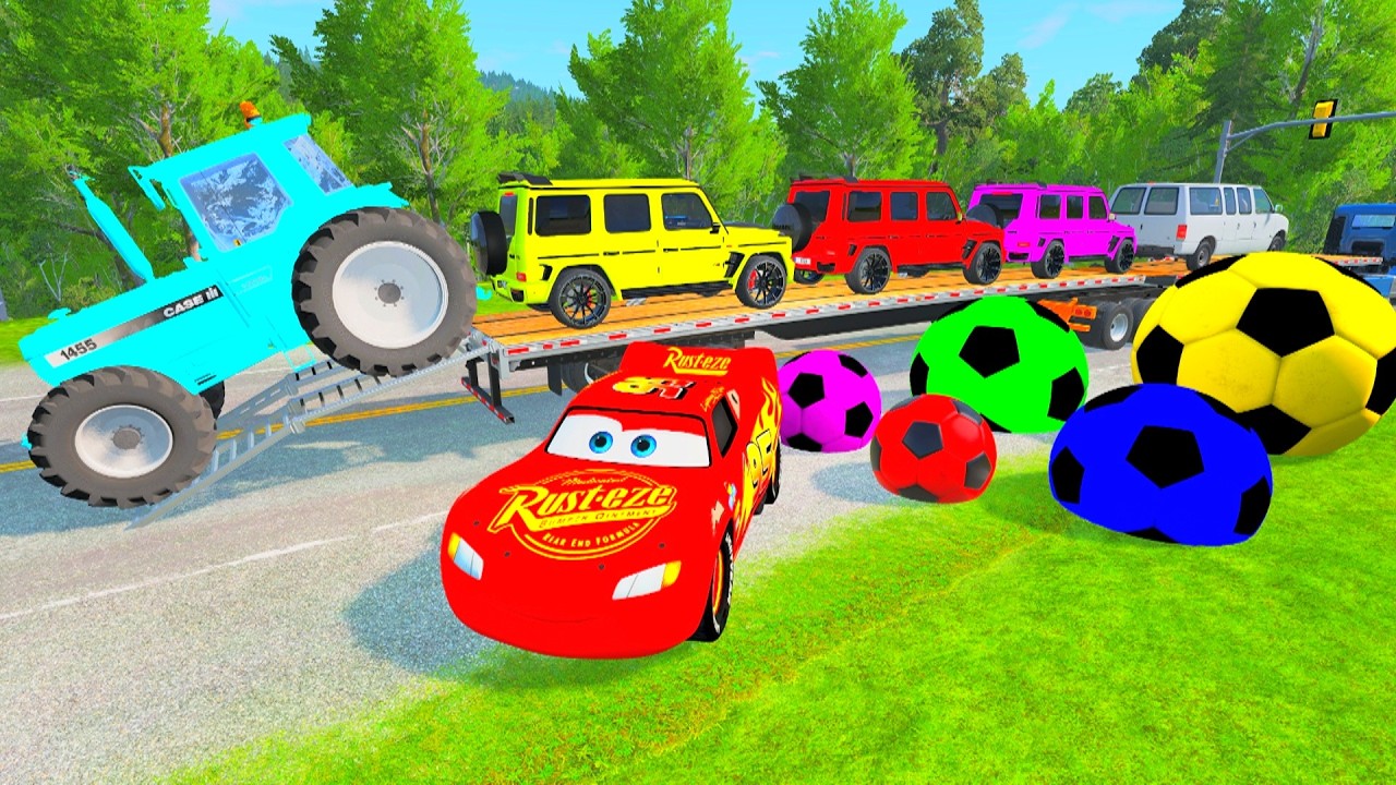 Mcqueen and police  tractor  Flatbed Trailer Truck BALL vs rails vs train ng Drive #N79