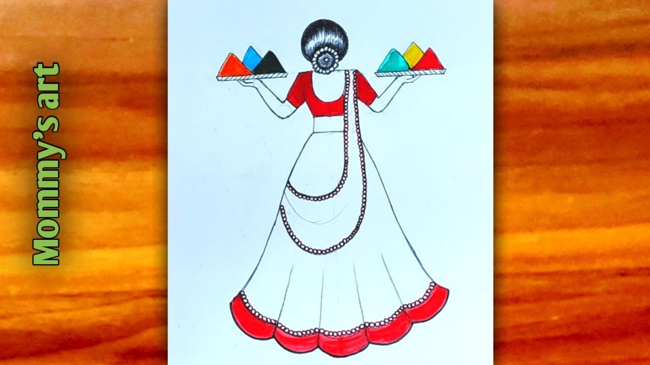 Holi drawing easy step by step | traditional girl playing Holi | Holi Special Drawing For beginners