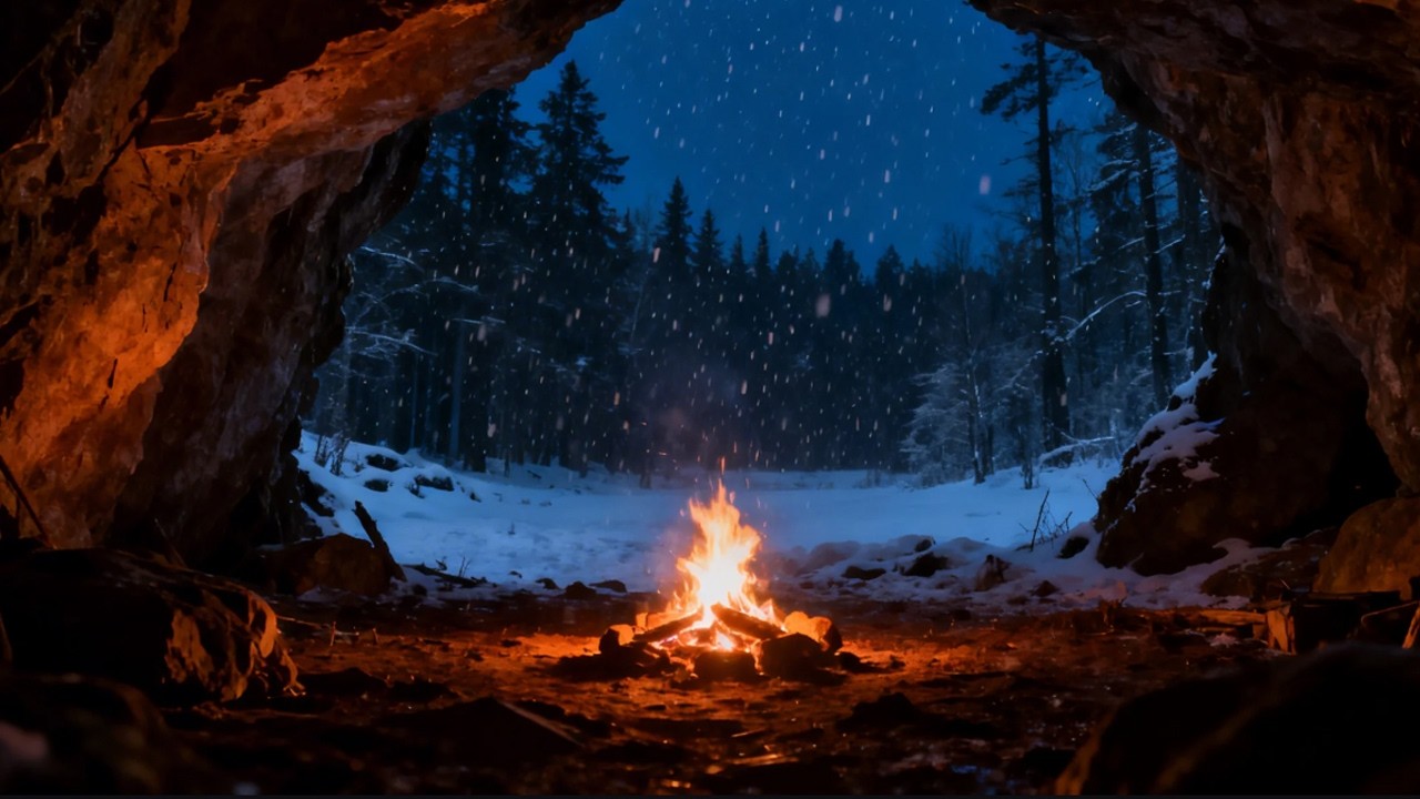 Alone in a Survival Cave During a Snowy Night 🔥 Campfire Sounds for Sleep & Relaxation