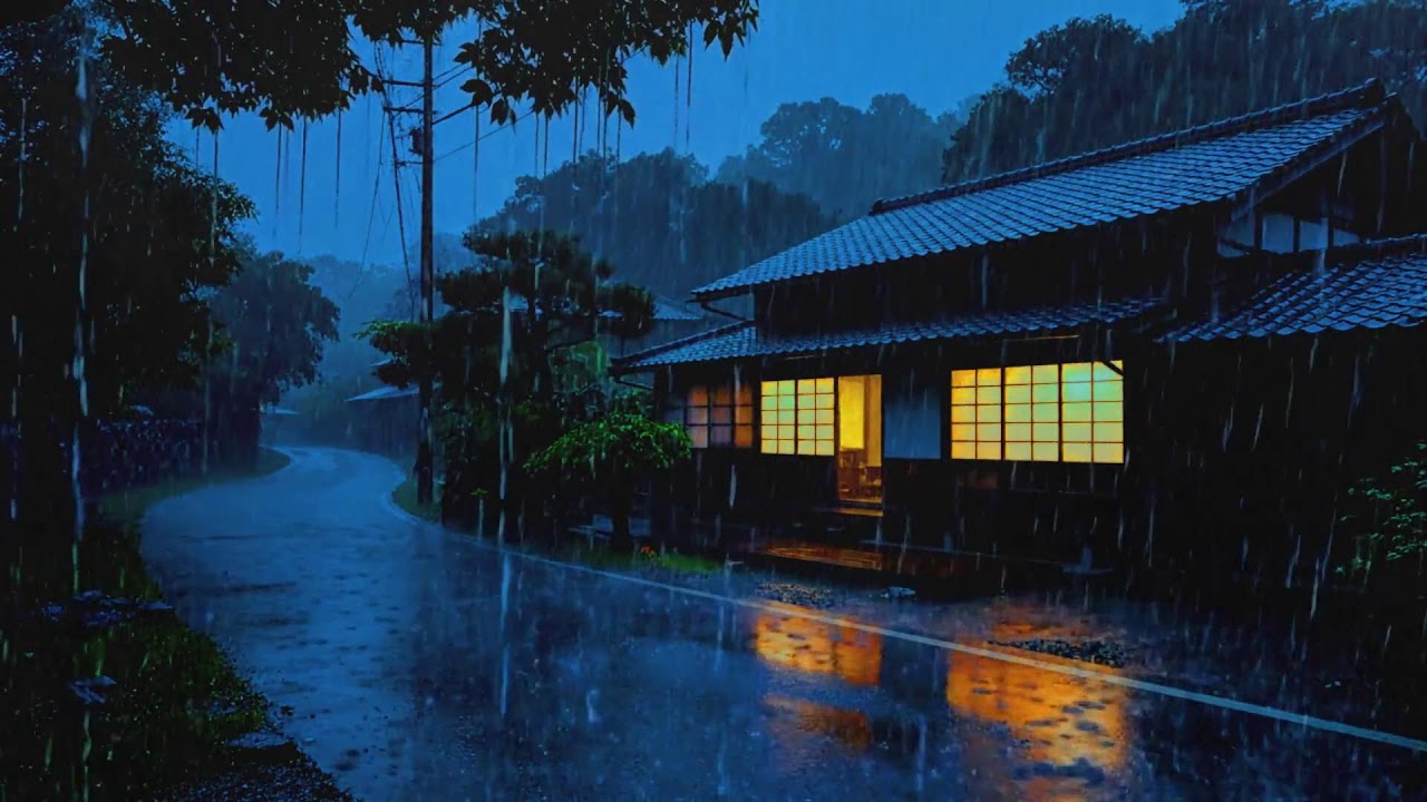 Soft Night Rain Ambience on Quiet Country Road Near Cozy House for Deep Sleep